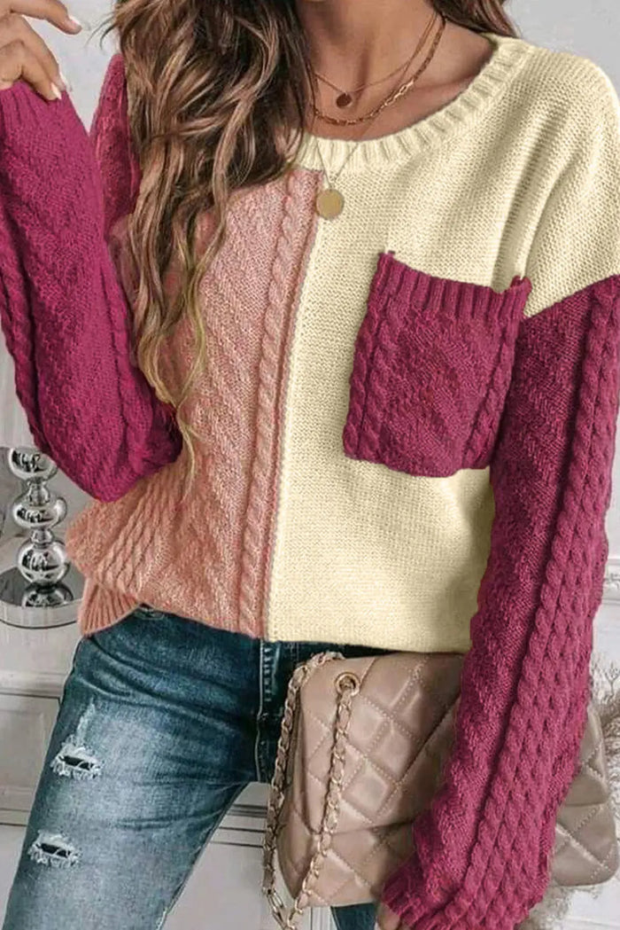 Rose Tan Colourblock Patched Pocket Drop Shoulder Sweater - Sweaters & Cardigans/Sweaters