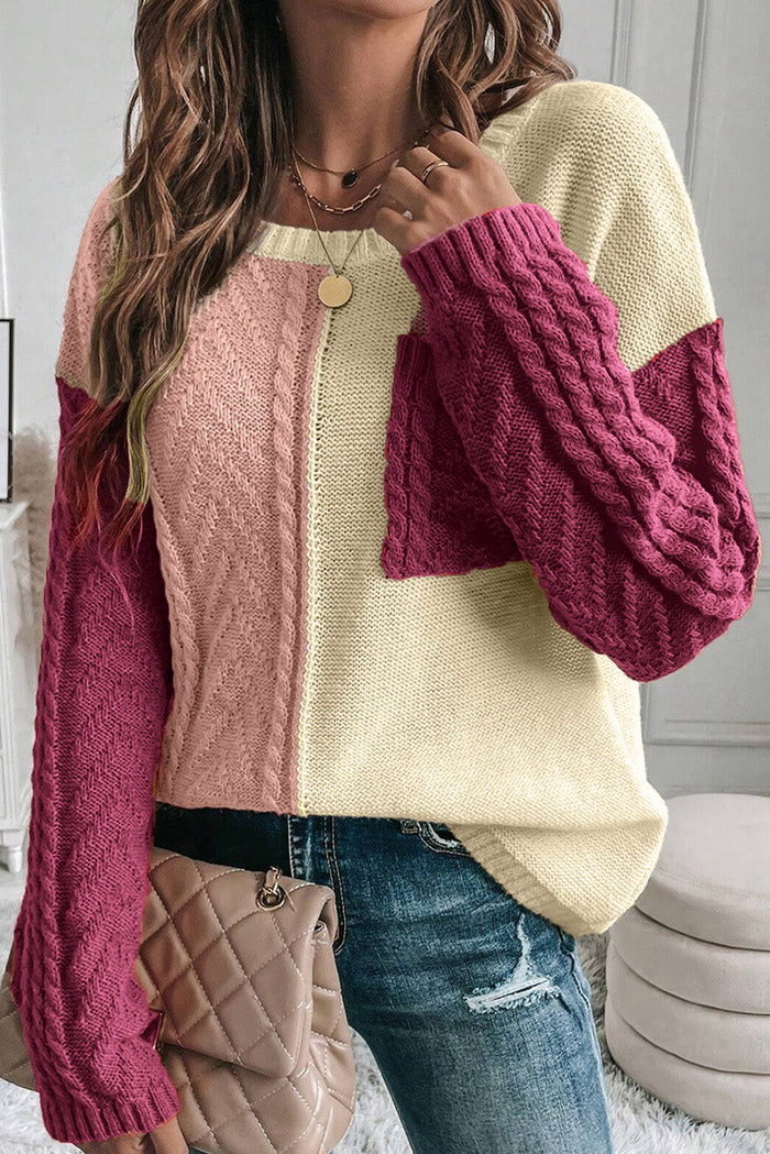 Rose Tan Colourblock Patched Pocket Drop Shoulder Sweater - Sweaters & Cardigans/Sweaters