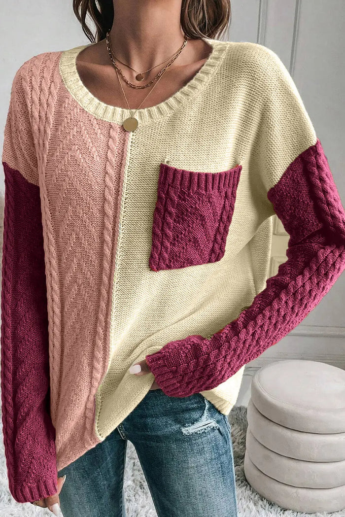 Rose Tan Colourblock Patched Pocket Drop Shoulder Sweater - Sweaters & Cardigans/Sweaters