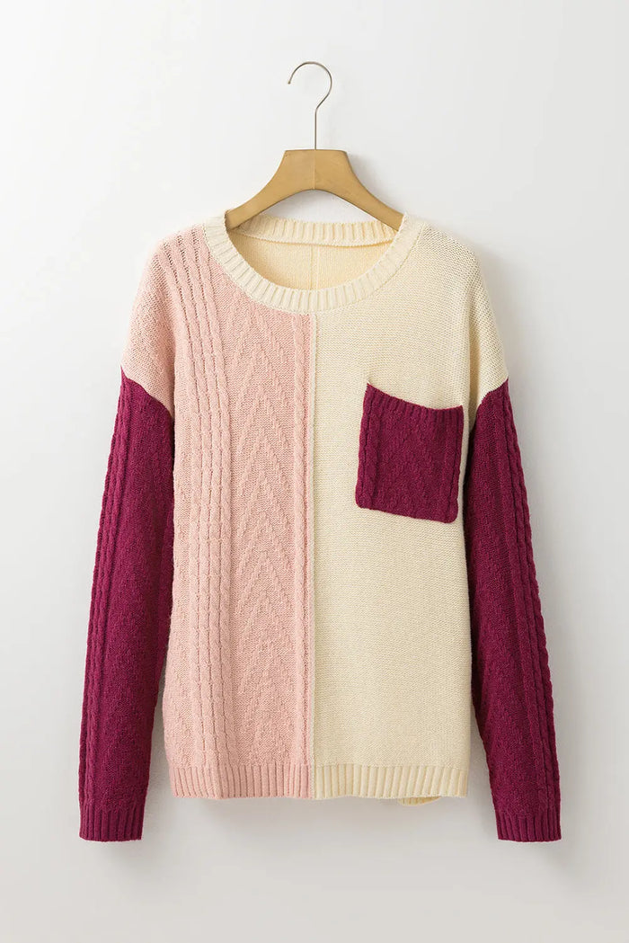 Rose Tan Colourblock Patched Pocket Drop Shoulder Sweater - Sweaters & Cardigans/Sweaters