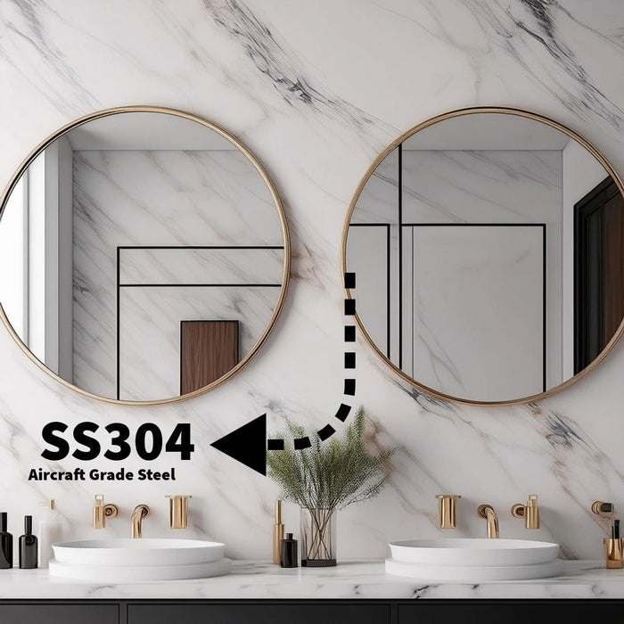 Two metal mirrors on a white marble. in a modern bathroom