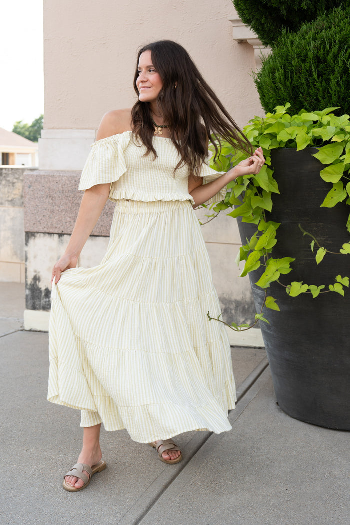 Ruffle Tiered Maxi Skirt || Citron Stripe