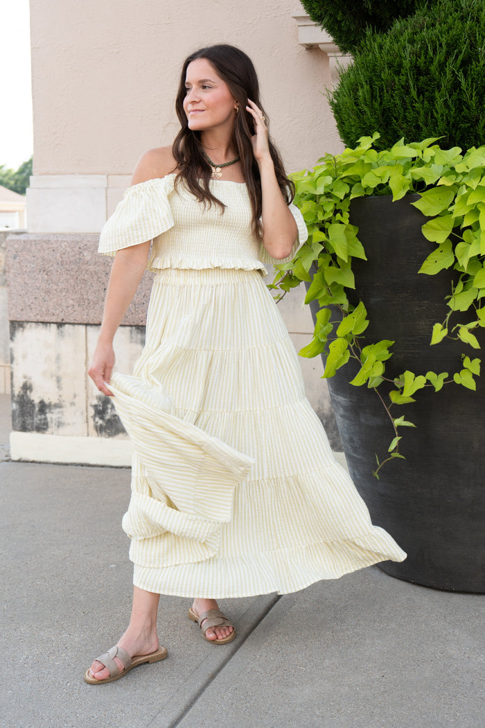 Ruffle Tiered Maxi Skirt || Citron Stripe