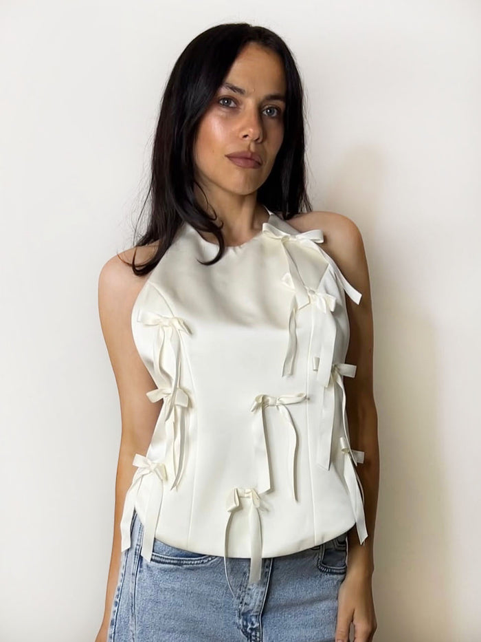 SATIN BOW HALTER TOP