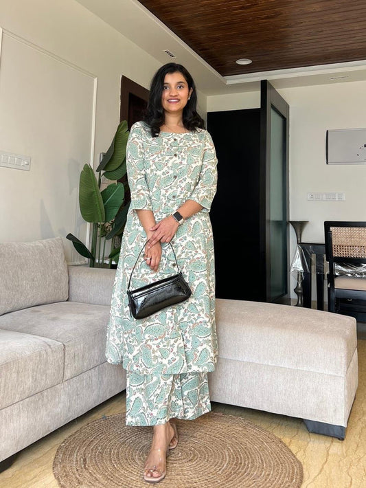 Sheena A-line Cotton Set- Green Paisley