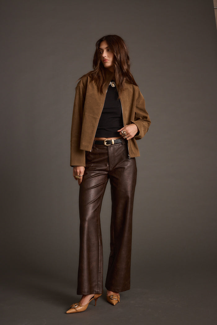 Close-up of the Sienna Brown Vegan Suede Jacket showcasing the fabric texture and design details.