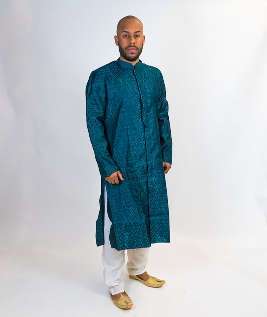 Silk Brocade Green Front Open Kurta