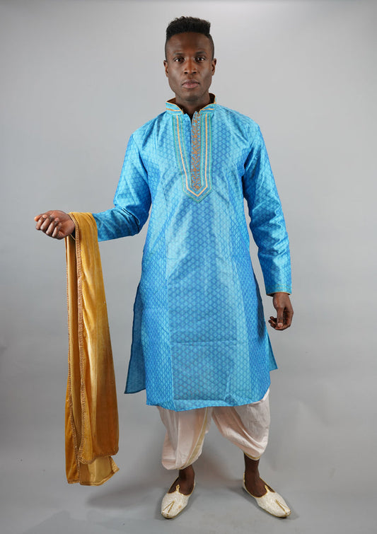 Silk Embroidered Maya Blue Men's Kurta