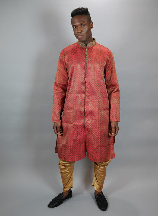 Silk Vermillion Red All Button Down Men's Kurta