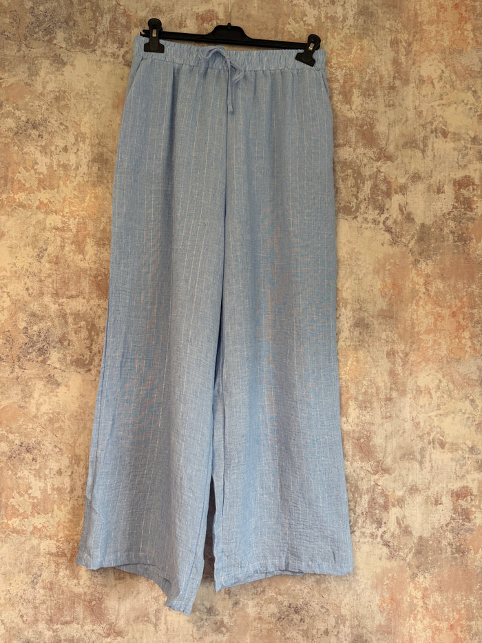 Silver Pinstripe Wide Leg Trousers Blue