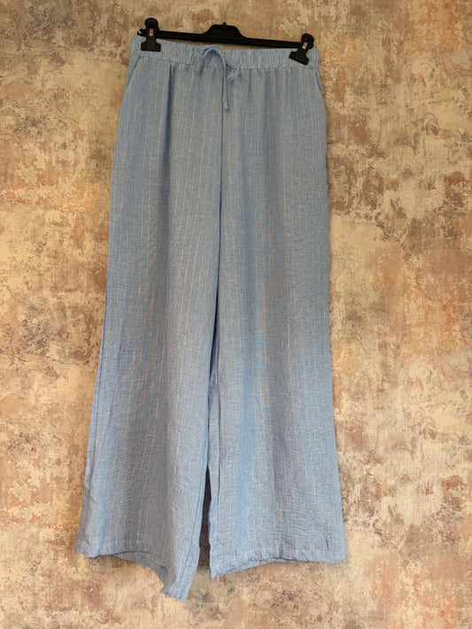 Silver Pinstripe Wide Leg Trousers Blue