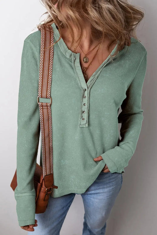 Smoke Green Acid Wash Waffle Knit Buttoned Neckline Long Sleeve Top - SMOKE GREEN / S / 65% POLYESTER + 35% COTTON