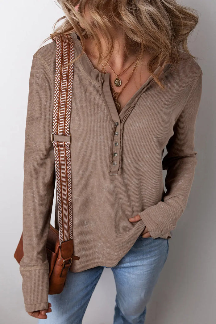 Smoke Green Acid Wash Waffle Knit Buttoned Neckline Long Sleeve Top - COFFEE / S / 65% POLYESTER + 35% COTTON