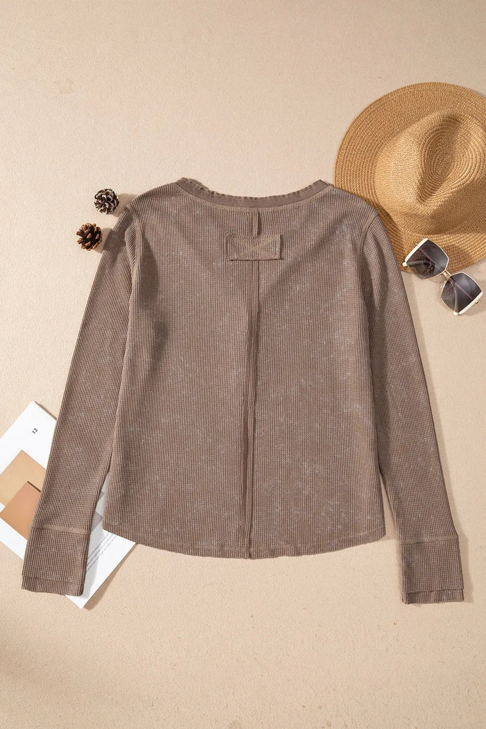Smoke Green Acid Wash Waffle Knit Buttoned Neckline Long Sleeve Top - Tops/Long Tops