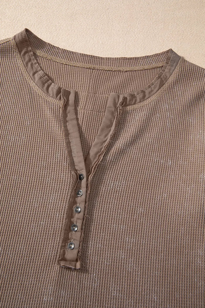 Smoke Green Acid Wash Waffle Knit Buttoned Neckline Long Sleeve Top - Tops/Long Tops