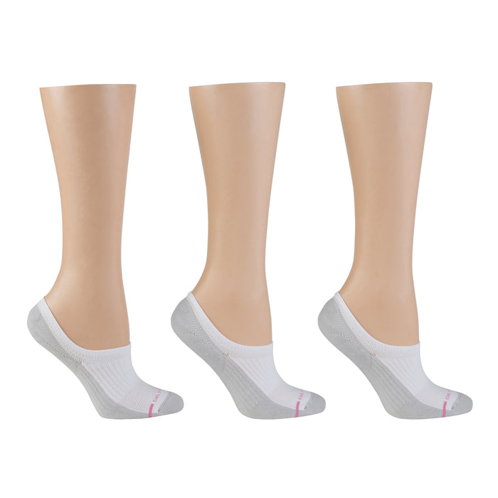 Three pairs of women's compression socks in white and gray, displayed on mannequin legs.