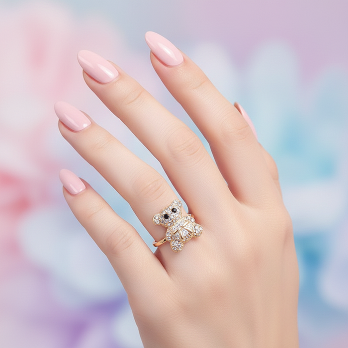 Sparkling Rhinestone Teddy Bear Statement Ring – Cute Fashion Jewelry for Women & Girls (Gold & Silver Tone)  (ARI1197)