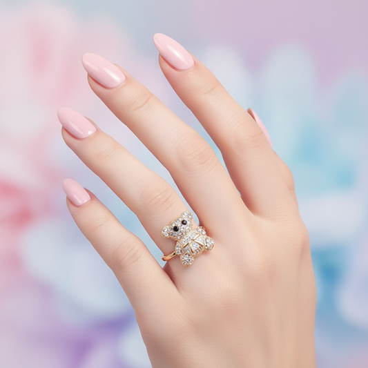 Sparkling Rhinestone Teddy Bear Statement Ring – Cute Fashion Jewelry for Women & Girls (Gold & Silver Tone)  (ARI1197)