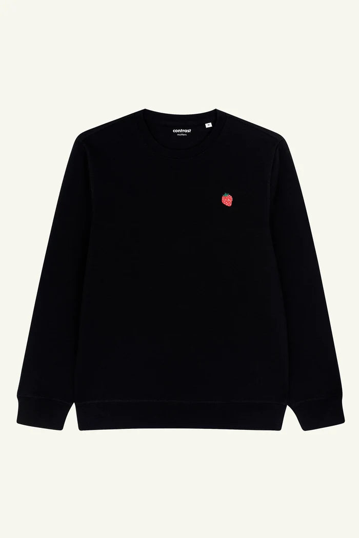 Strawberry embroidered organic cotton sweatshirt in black, sustainable unisex sweatshirt made in Portugal.