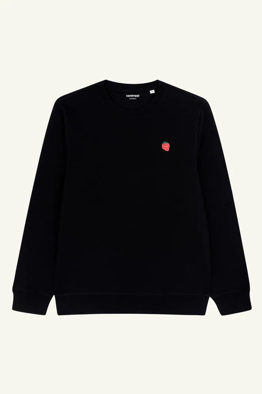 Strawberry embroidered organic cotton sweatshirt in black, sustainable unisex sweatshirt made in Portugal.