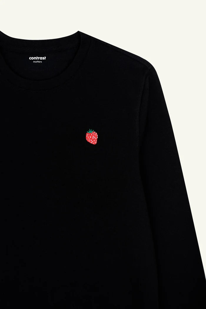 Black organic cotton sweatshirt with strawberry embroidery, soft and sustainable fabric.