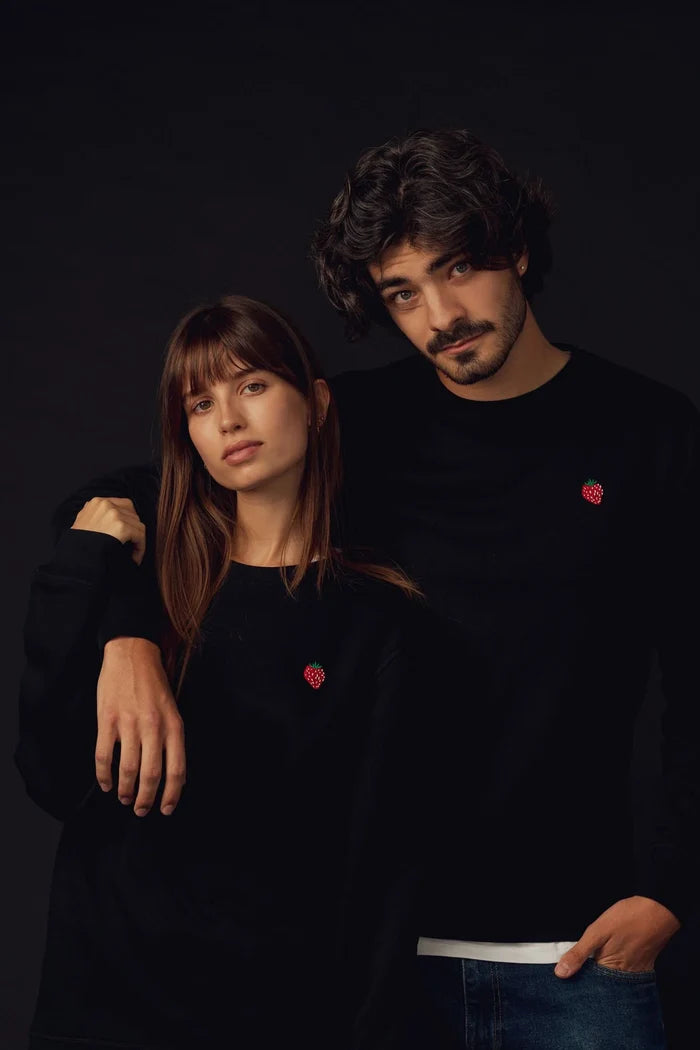 Strawberry embroidered sweatshirt made from certified organic cotton in Portugal.