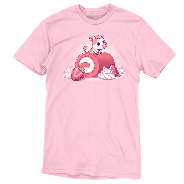 Premium Cotton T-shirt_TeeTurtle light pink Strawberry Roll Cow apparel featuring a pink cow perched on a strawberry roll.