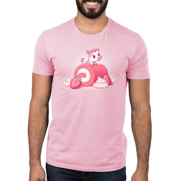 Premium Cotton T-shirt_TeeTurtle light pink Strawberry Roll Cow apparel featuring a pink cow perched on a strawberry roll.