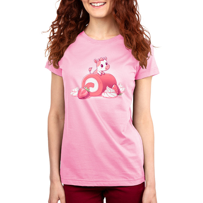 Premium Cotton T-shirt_TeeTurtle light pink Strawberry Roll Cow apparel featuring a pink cow perched on a strawberry roll.