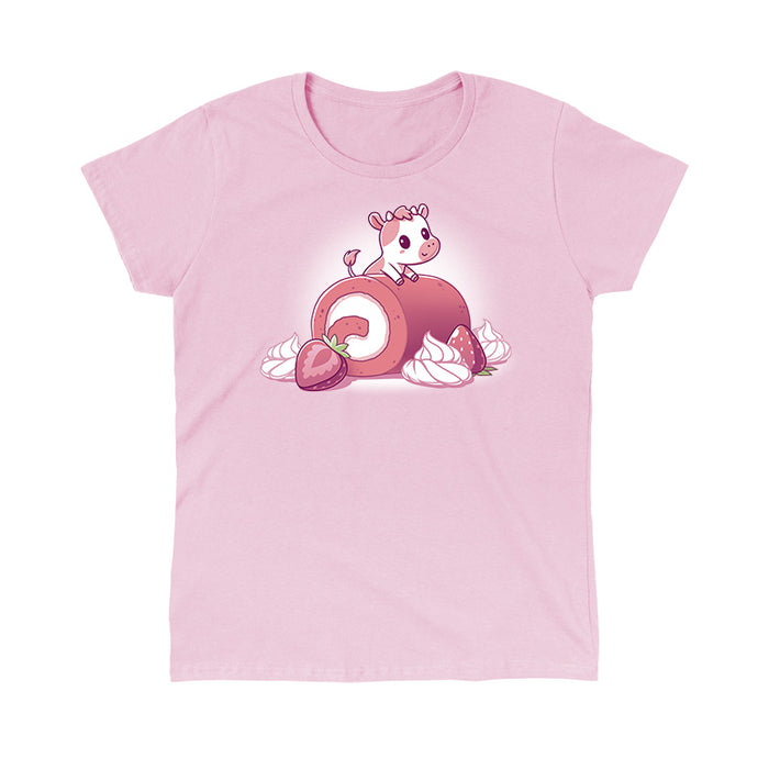 Classic Cotton T-shirt_TeeTurtle light pink Strawberry Roll Cow apparel featuring a pink cow perched on a strawberry roll.