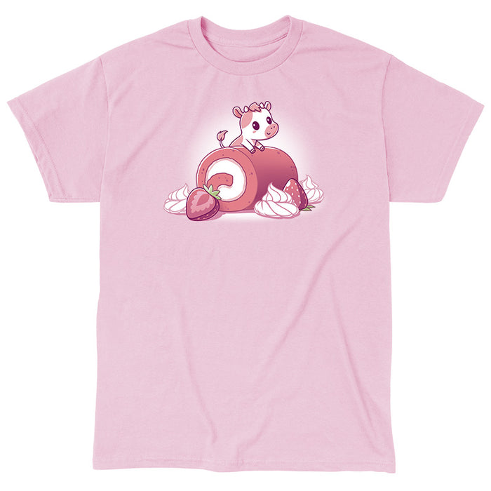 Classic Cotton T-shirt_TeeTurtle light pink Strawberry Roll Cow apparel featuring a pink cow perched on a strawberry roll.