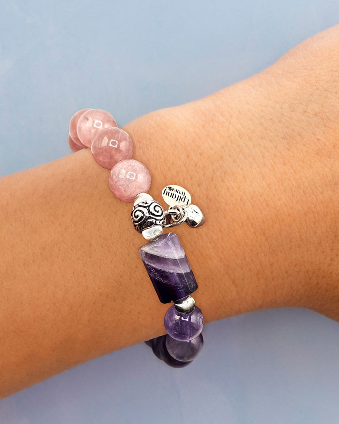 Strong Love Healing Intention Bracelet with Amethyst, Madagascar Rose Quartz and 925 Sterling Silver 7 inch