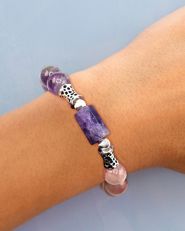 Strong Love Healing Intention Bracelet with Amethyst, Madagascar Rose Quartz and 925 Sterling Silver 7 inch