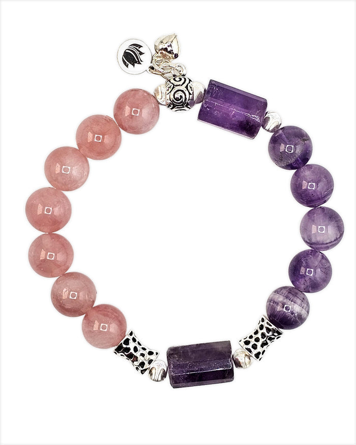 Strong Love Healing Intention Bracelet with Amethyst, Madagascar Rose Quartz and 925 Sterling Silver 7 inch