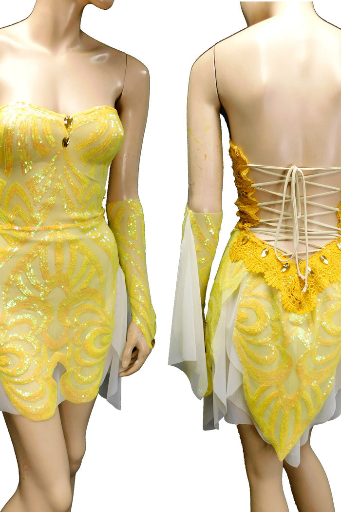 Sunny Yellow Iridescent Sequins Goddess Nymph Fairy Dress Dance Festival