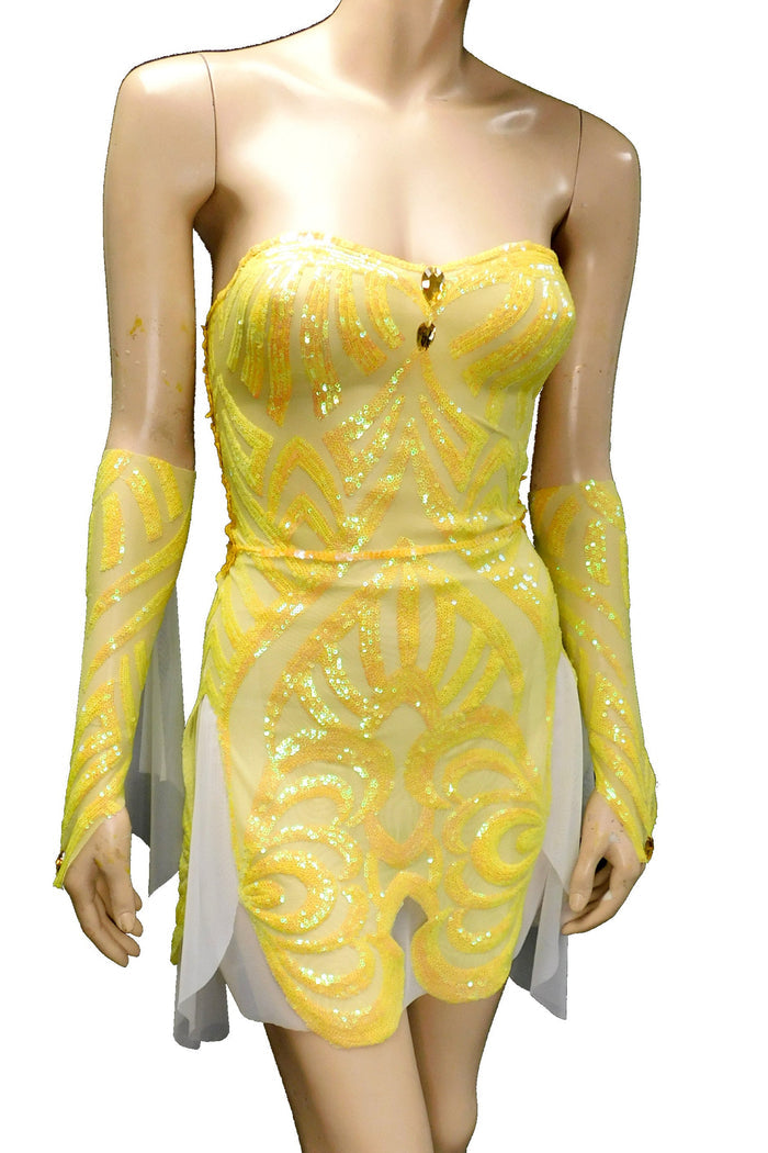 Sunny Yellow Iridescent Sequins Goddess Nymph Fairy Dress Dance Festival