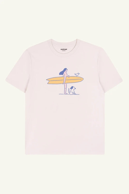 Contrast Surf & Friends graphic t-shirt in Vintage White, organic cotton designer graphic tee with surfing artwork.