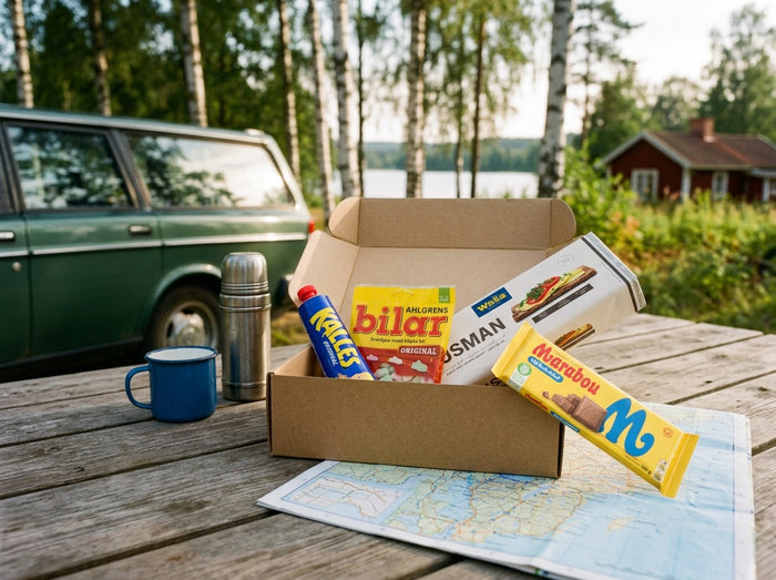 Taste of Sweden Box Small open on a wooden jetty table by a Swedish lake – Kalles Kaviar, Ahlgrens Bilar, Wasa Husman and Marabou Mjölkchoklad inside, with a vintage Volvo and red cottage in the background