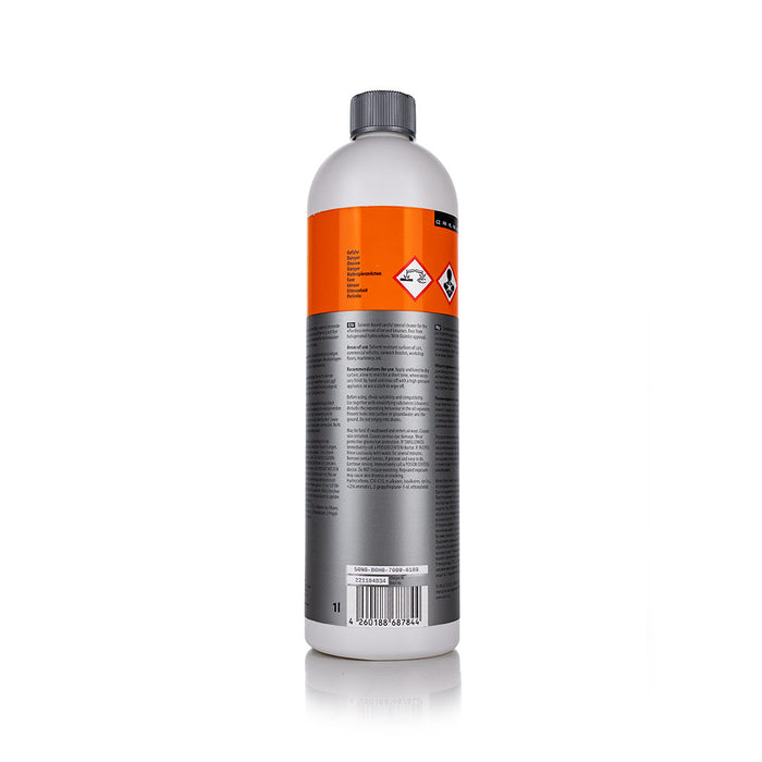 The back of a bottle of Koch Chemie Teerwasche on a white background.