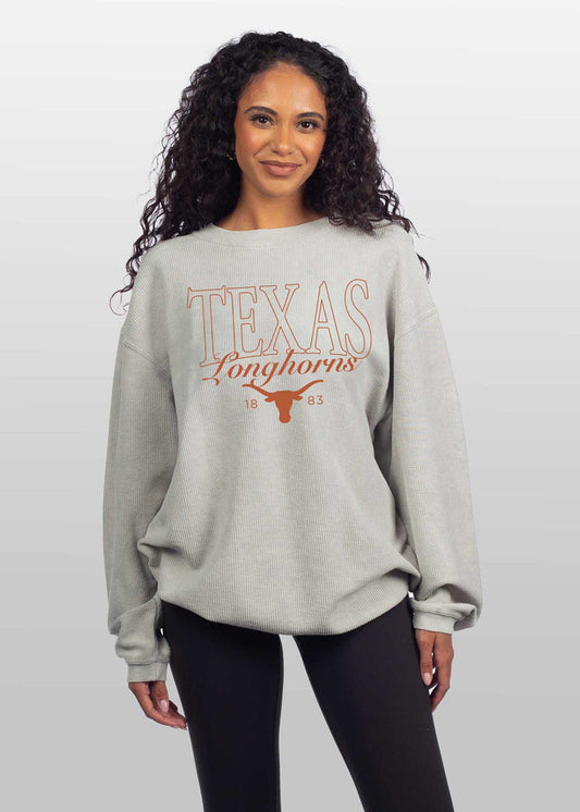 Texas Longhorns Unisex Steel Oversized Premium cotton corded fleece Sweatshirt with Super soft hand feel, vintage wash and ribbed crew neckline, cuffs, and hemline
