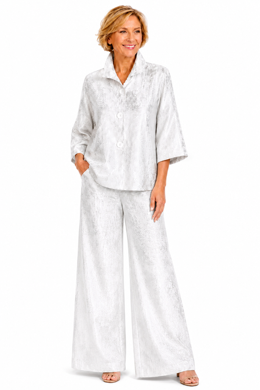 Textured Foil Wide Leg Pant in Silver/White - 1232-SLV