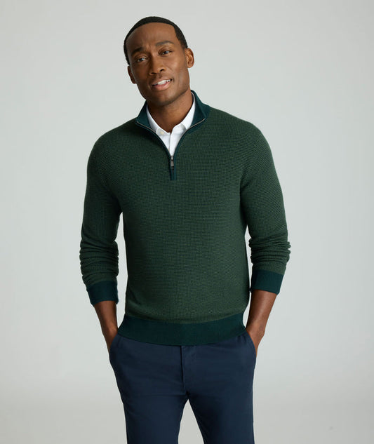 Model is wearing UNTUCKit Textured Merino Wool Quarter-Zips in deep forest.