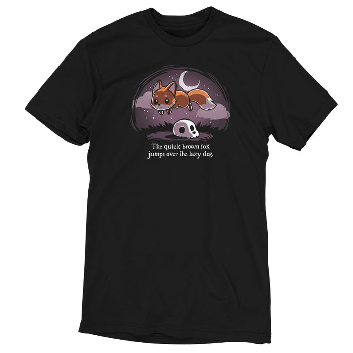 Premium Cotton T-shirt_TeeTurtle The Quick Brown Fox black t-shirt featuring a fox jumping over a skull.