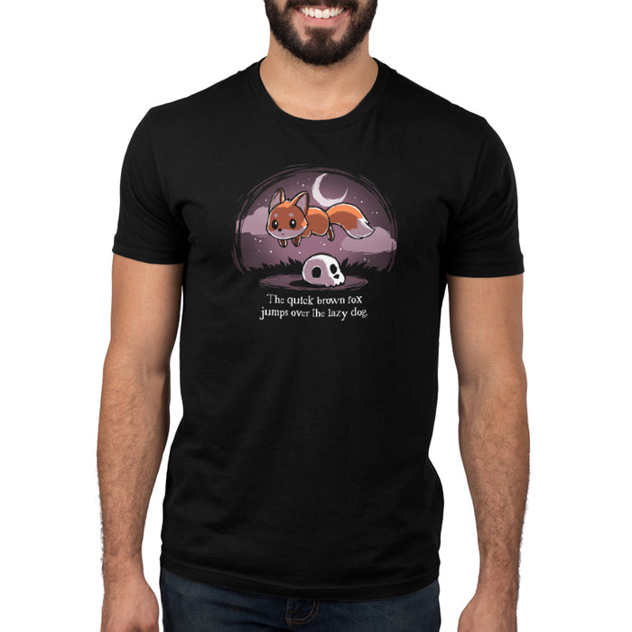 Premium Cotton T-shirt_TeeTurtle The Quick Brown Fox black t-shirt featuring a fox jumping over a skull.