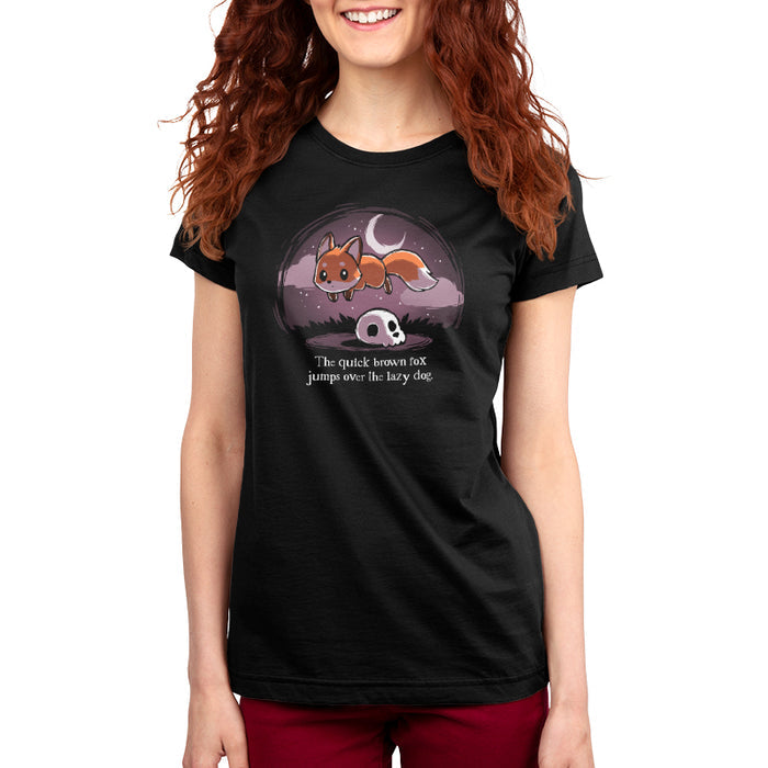 Premium Cotton T-shirt_TeeTurtle The Quick Brown Fox black t-shirt featuring a fox jumping over a skull.