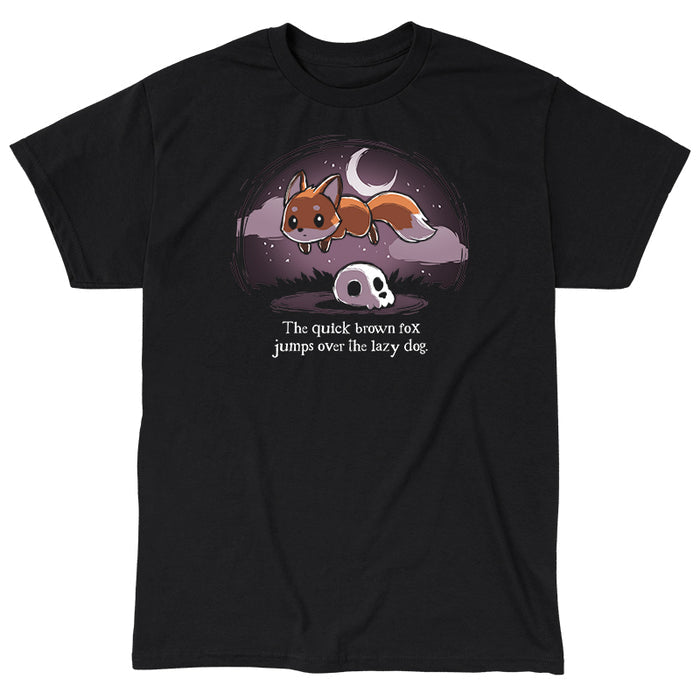 Classic Cotton T-shirt_TeeTurtle The Quick Brown Fox black t-shirt featuring a fox jumping over a skull.