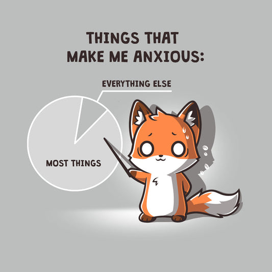 Premium Cotton T-shirt_TeeTurtle Things That Make Me Anxious silver grey t-shirt featuring a fox sweating nervously points at a pie chart.