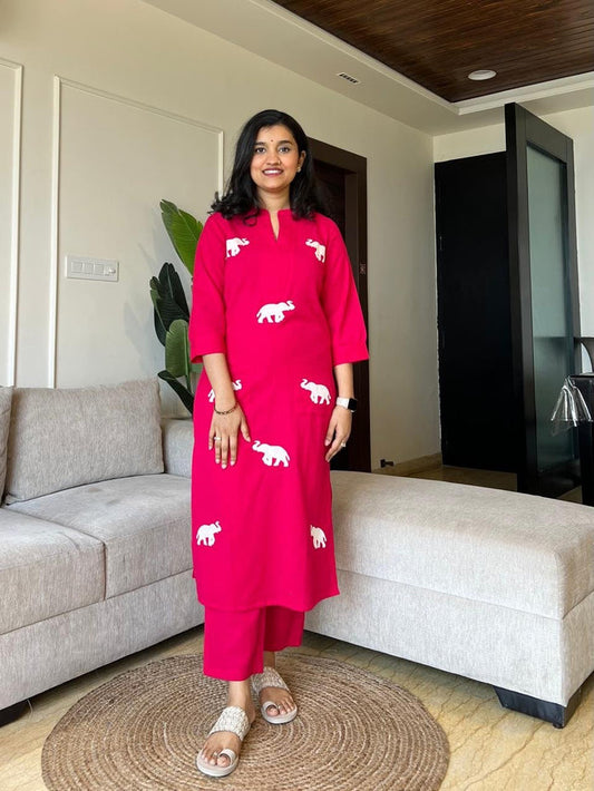 Tia Embroidered Cotton Pant Set- Hot Pink