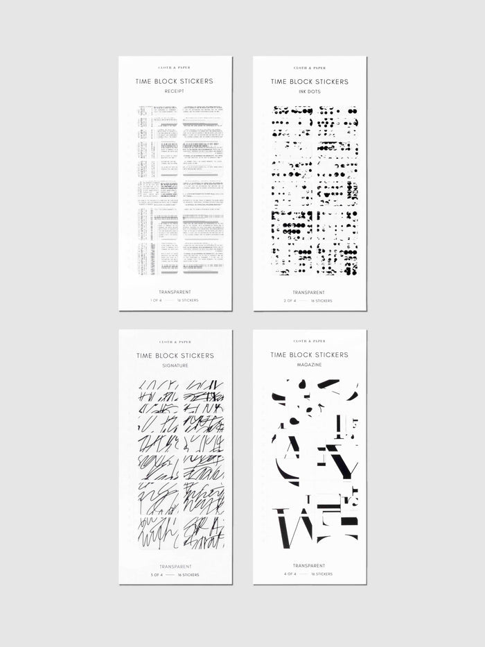 Time Block Stickers, Vol 7, Cloth and Paper. Set of four sticker sheets displayed on a neutral background.