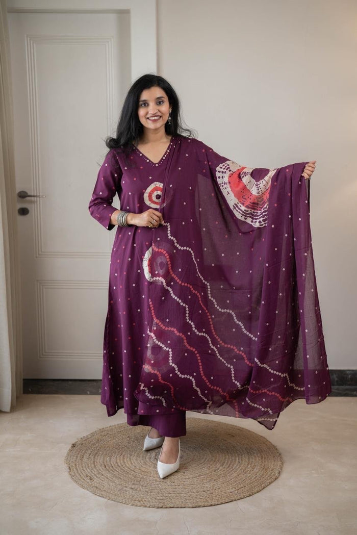 Tina Bandhej Timeless Cotton Suit- Violet